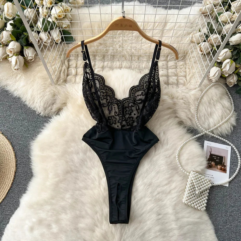 Sexy Lace Strap Jumpsuit Slim Fit Transparent Erotic Lingerie Catsuit