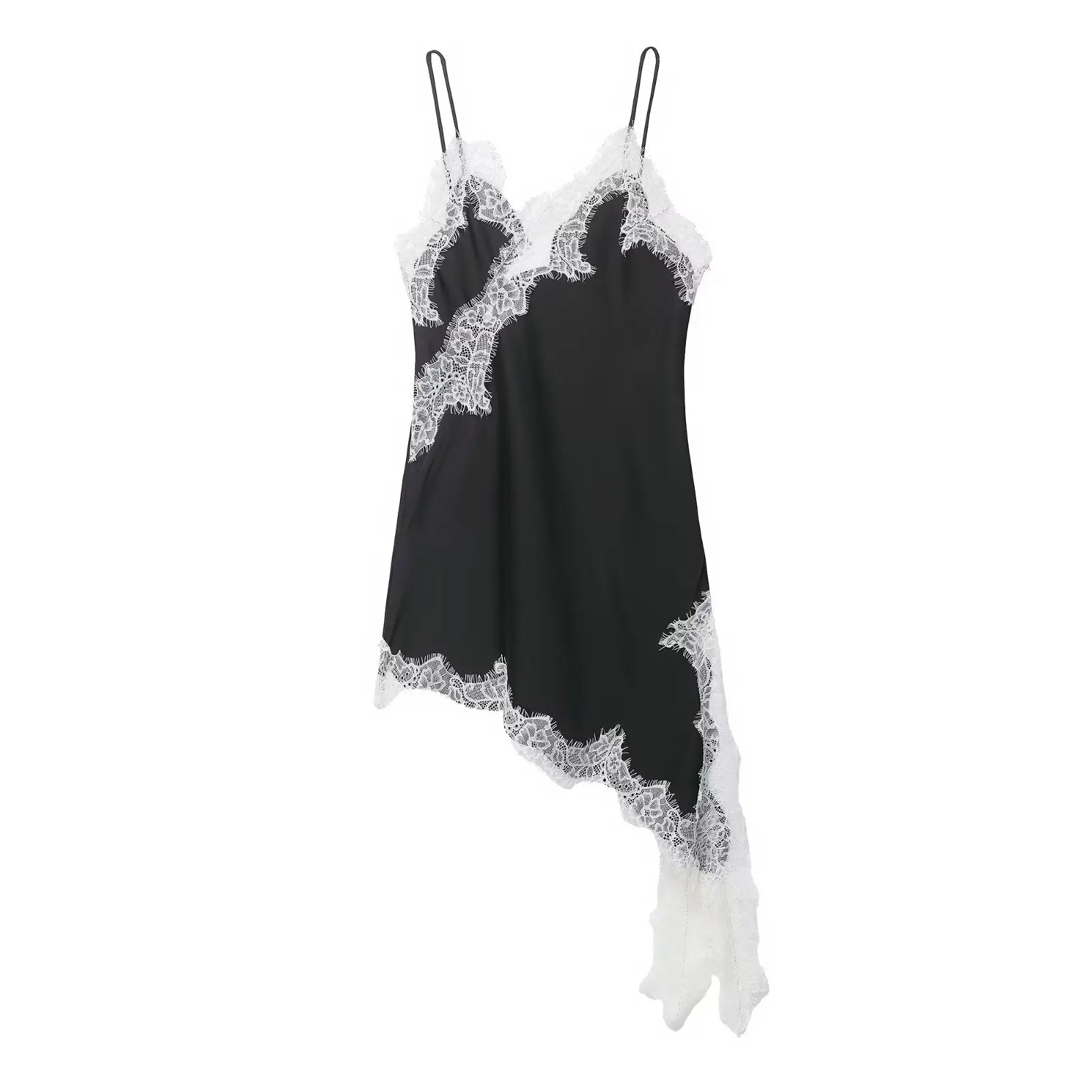 Satin Sexy Lace Spliced Short Sling Dress Asymmetrical  ﻿