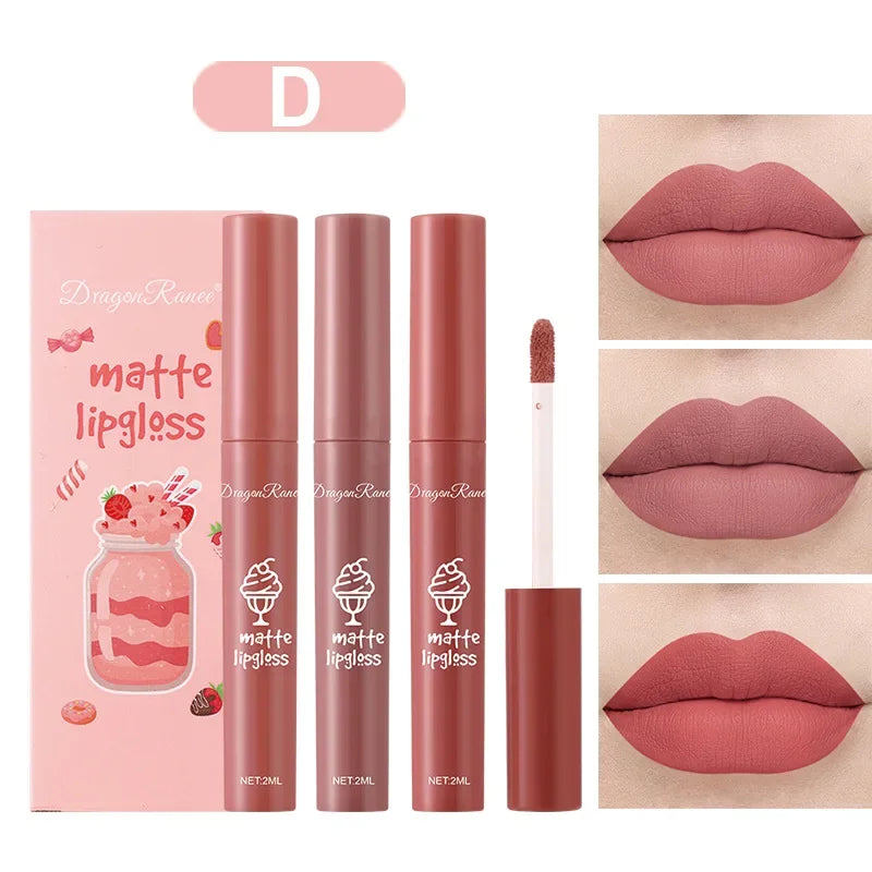 3PCS/Set Velvet Matte Nude Liquid Lipstick Long Lasting Waterproof Lipgloss Kit