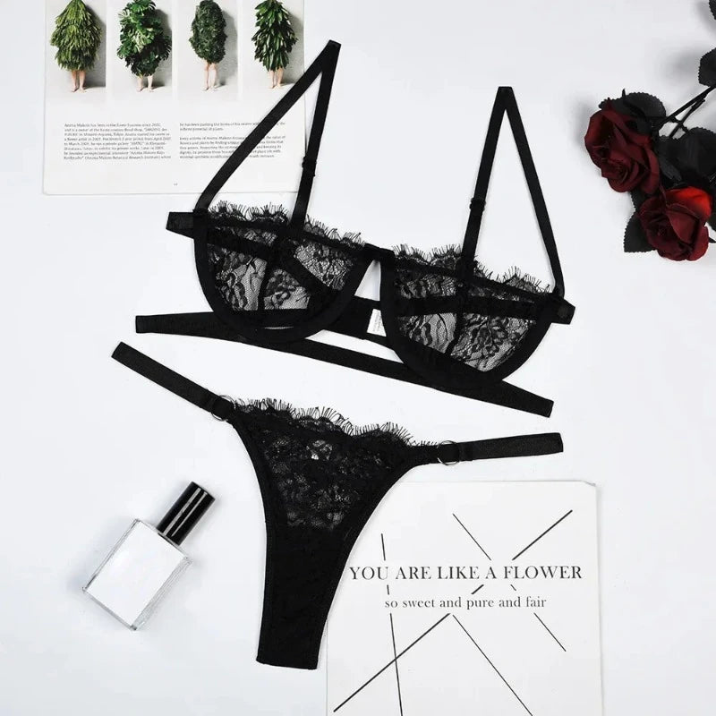 Lace Transparent Underwear Fairy Embroidery Brief Sets Delicate Bra Set