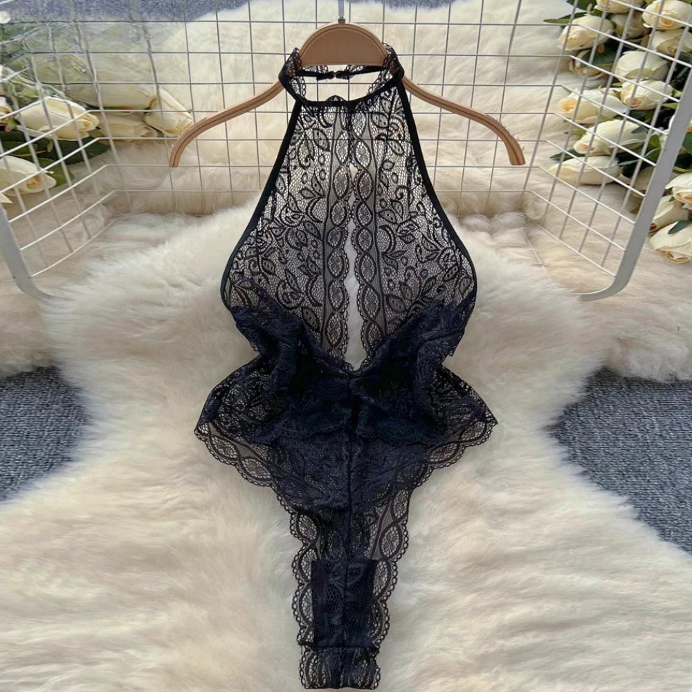 Sexy Lace Strap Jumpsuit Slim Fit Transparent Erotic Lingerie Catsuit