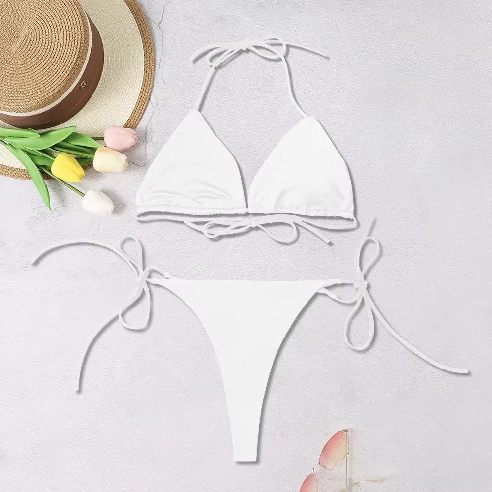 Solid-color Separate Beach Wear Sexy Halter Three-point Bikini