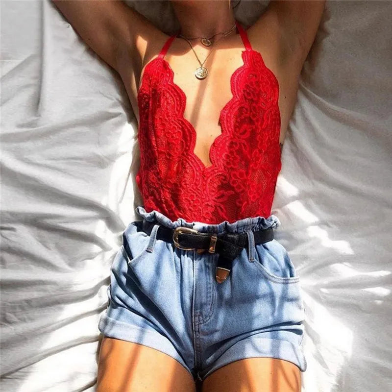Sexy Bodysuit Sleeveless Backless V Neck Lace Short Dress