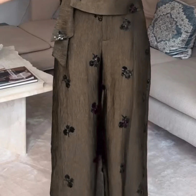 Sequin Two-Piece Set Women's Floral Set Halter Neck Wrap Top Wide-Leg Pants