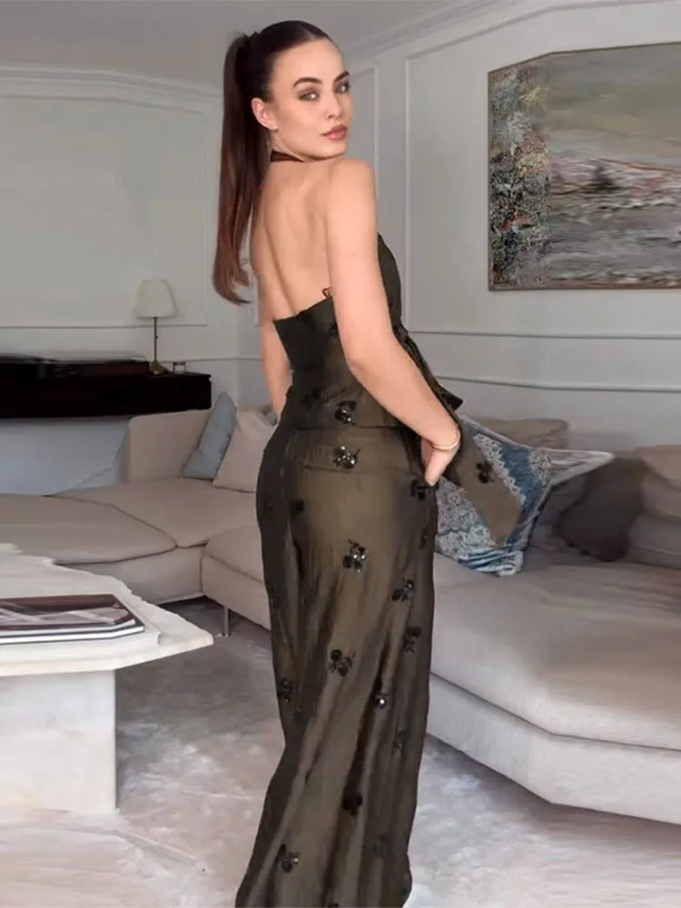 Sequin Two-Piece Set Women's Floral Set Halter Neck Wrap Top Wide-Leg Pants
