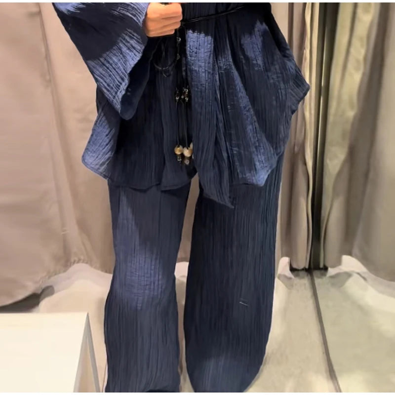 Tie Front Textured Women Set V-Neck Loose Set Wide Sleeve Drawstring Pants