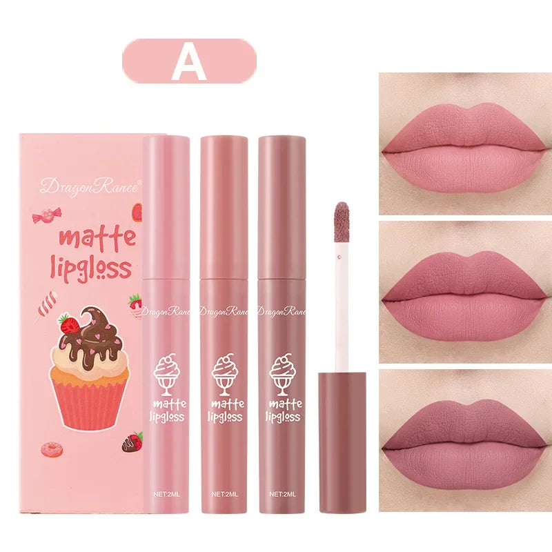 3PCS/Set Velvet Matte Nude Liquid Lipstick Long Lasting Waterproof Lipgloss Kit