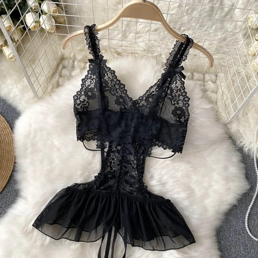 Sexy Lace Strap Jumpsuit Slim Fit Transparent Erotic Lingerie Catsuit