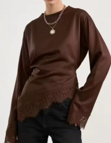 Satin Lace Top Women Casual Loose Long Sleeves