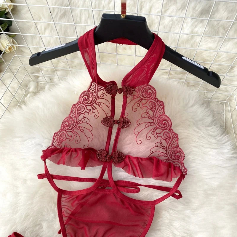 Halter Playsuits Lace Sheer Open Crotch Sexy Bodysuit