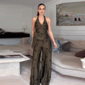 Sequin Two-Piece Set Women's Floral Set Halter Neck Wrap Top Wide-Leg Pants