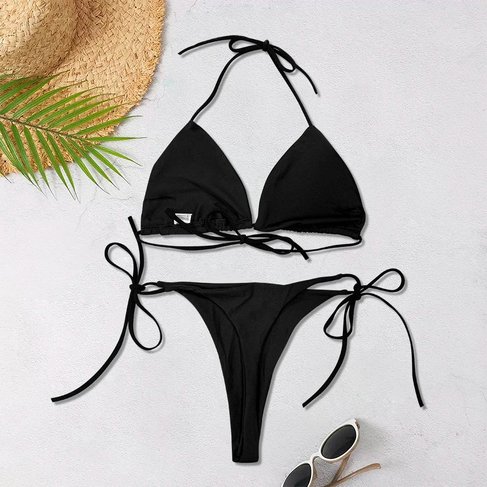 Solid-color Separate Beach Wear Sexy Halter Three-point Bikini