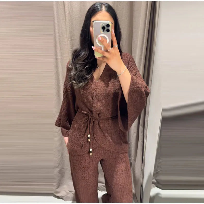 Tie Front Textured Women Set V-Neck Loose Set Wide Sleeve Drawstring Pants