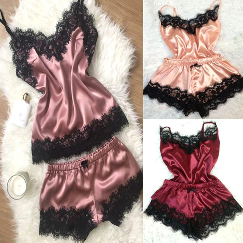 Lace Trim Satin Cami Top Pajama Sets Sexy