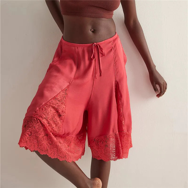 Women Lace Trim Shorts  Satin Low Rise Half Slip Pajamas Cute Bow Pants