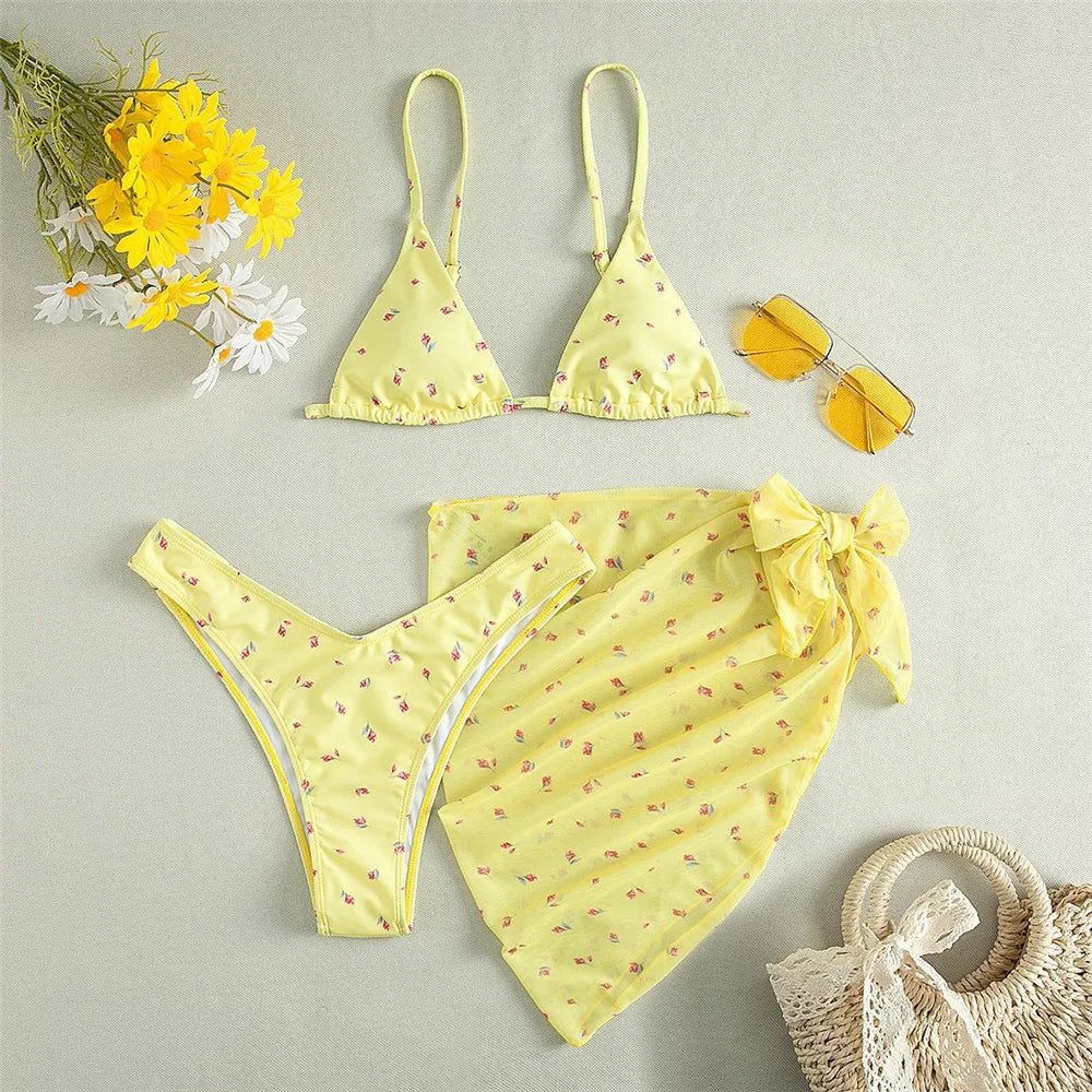 Yellow Floral Print Swimwear Mesh Cove Ups 3 Piece Bikini Set