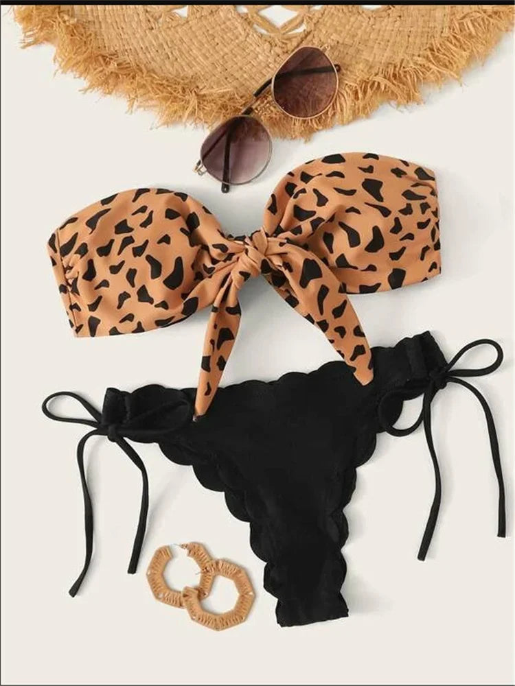 Sexy Front Lace Up Tie Bandeau Leopard Push Up Ruffled Bow Bathing Suit