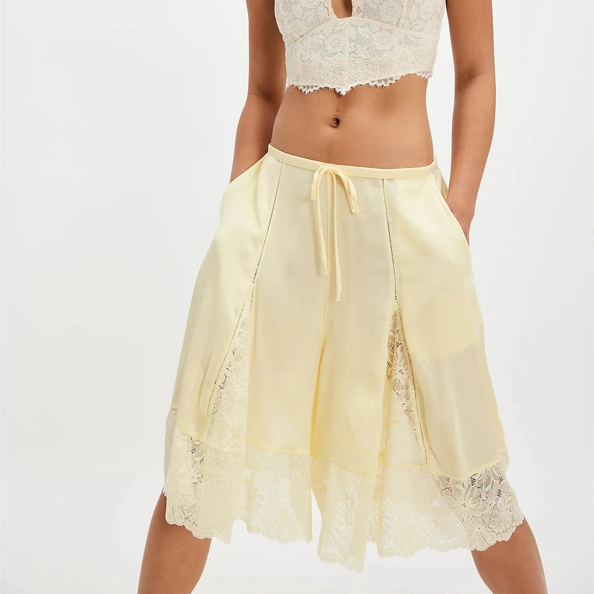 Women Lace Trim Shorts  Satin Low Rise Half Slip Pajamas Cute Bow Pants