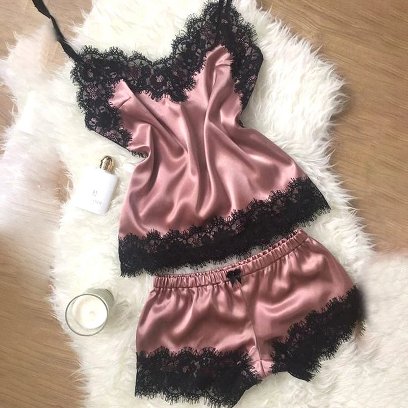 Lace Trim Satin Cami Top Pajama Sets Sexy