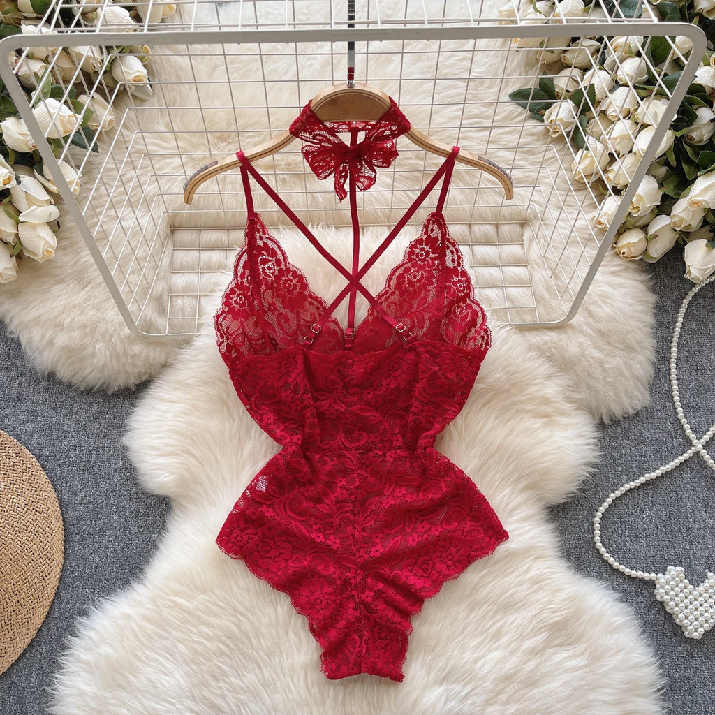 Sexy Lace Strap Jumpsuit Slim Fit Transparent Erotic Lingerie Catsuit