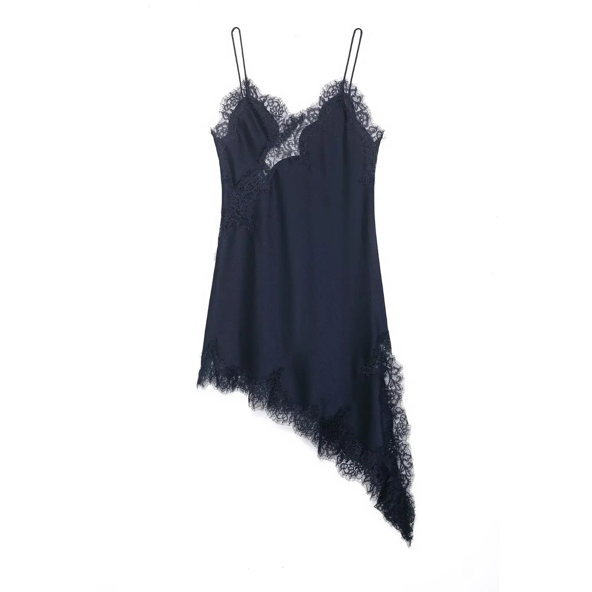 Satin Sexy Lace Spliced Short Sling Dress Asymmetrical  ﻿