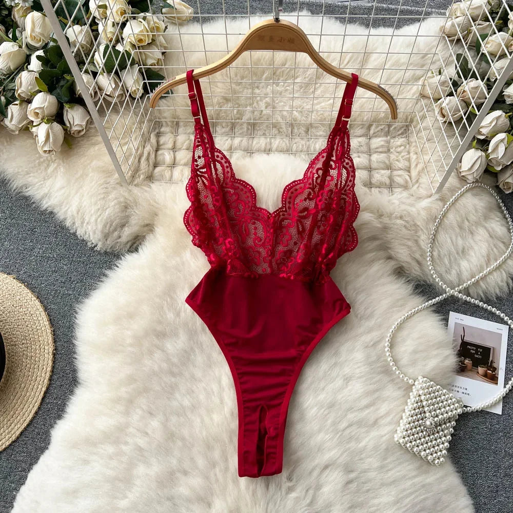 Sexy Lace Strap Jumpsuit Slim Fit Transparent Erotic Lingerie Catsuit