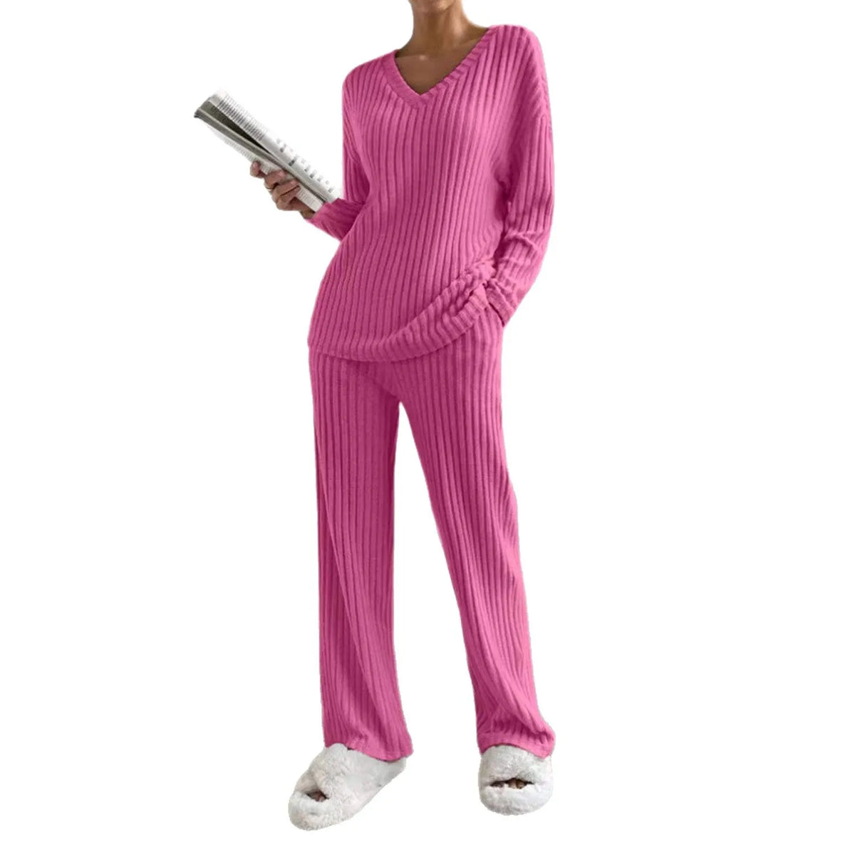 Knitted Two-Piece Set Casual V-Neck Long Pants Loose Fit