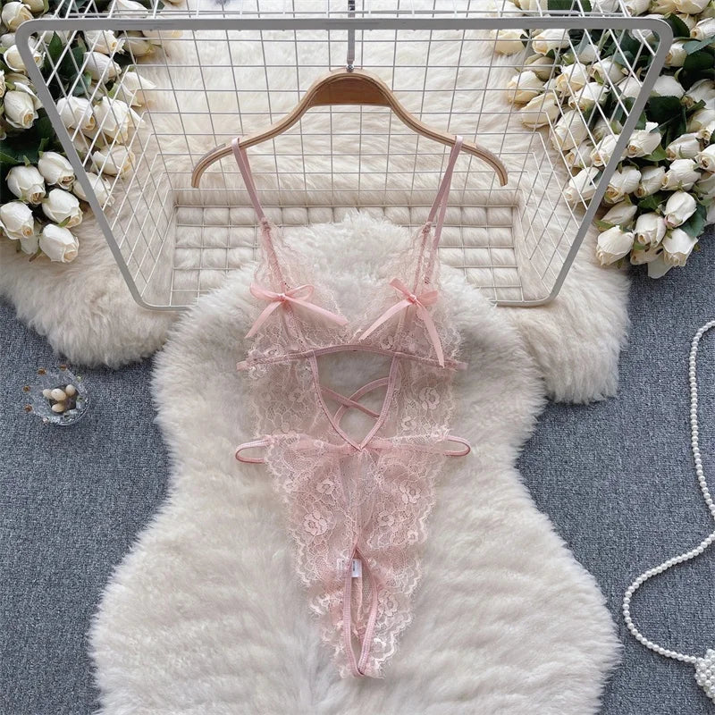 Sexy Lace Strap Jumpsuit Slim Fit Transparent Erotic Lingerie Catsuit