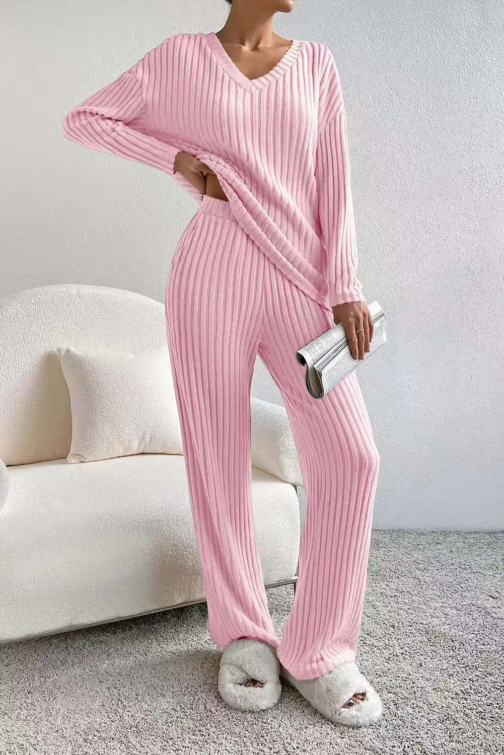 Knitted Two-Piece Set Casual V-Neck Long Pants Loose Fit