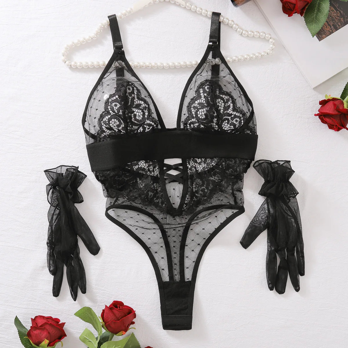 Sexy Bodysuits Polka Dot Mesh Flower Embroidery Lace Gloves