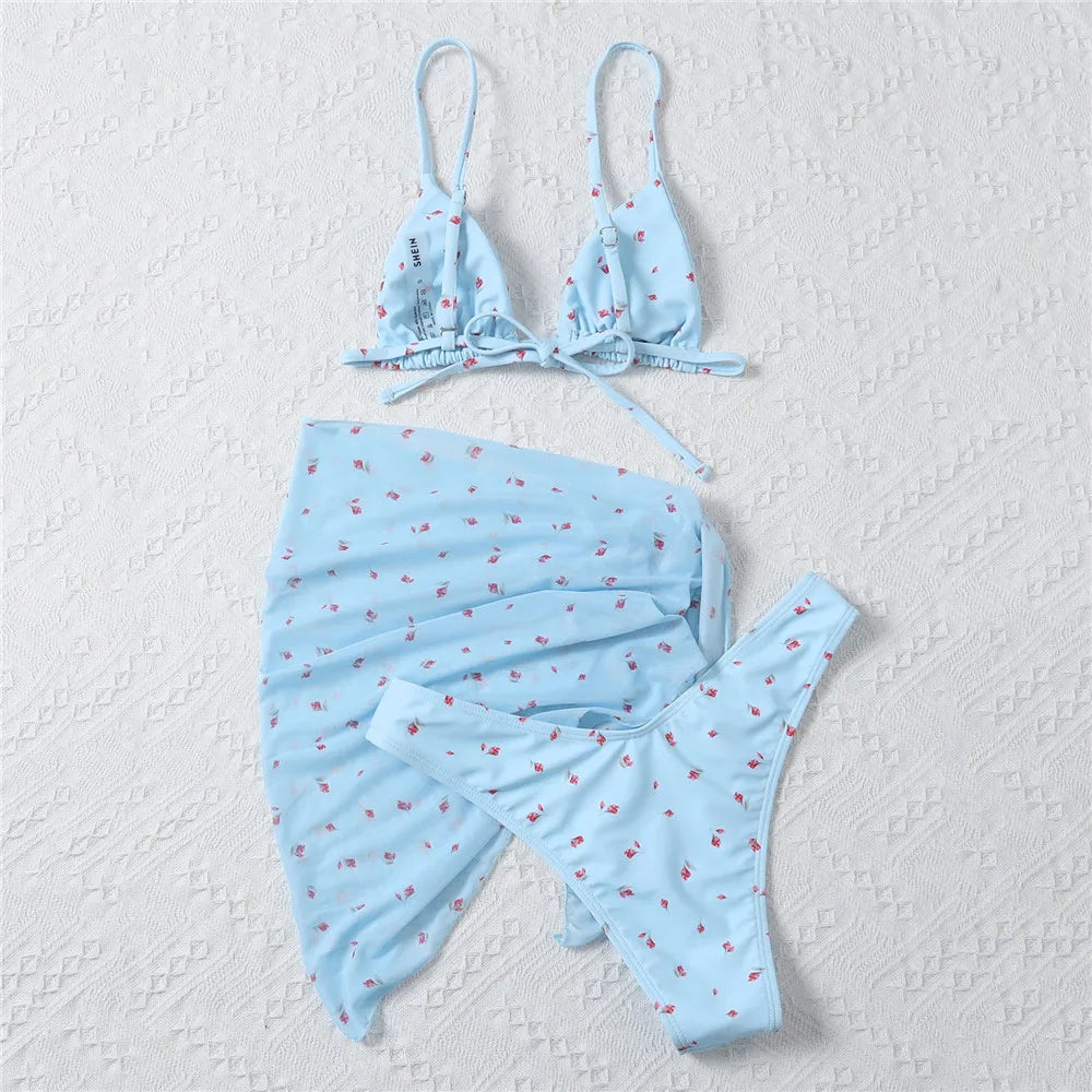 Yellow Floral Print Swimwear Mesh Cove Ups 3 Piece Bikini Set