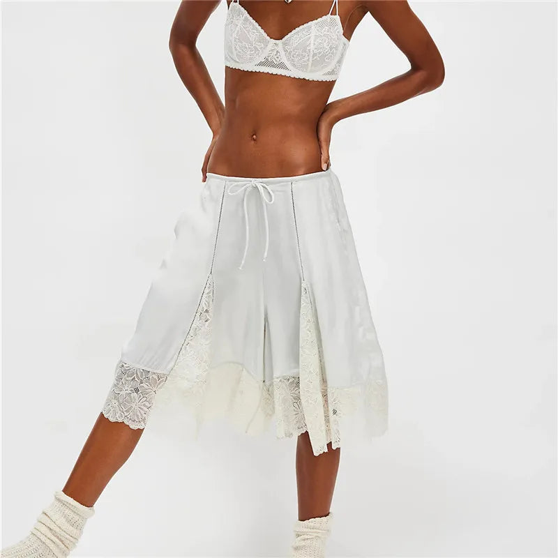 Women Lace Trim Shorts  Satin Low Rise Half Slip Pajamas Cute Bow Pants