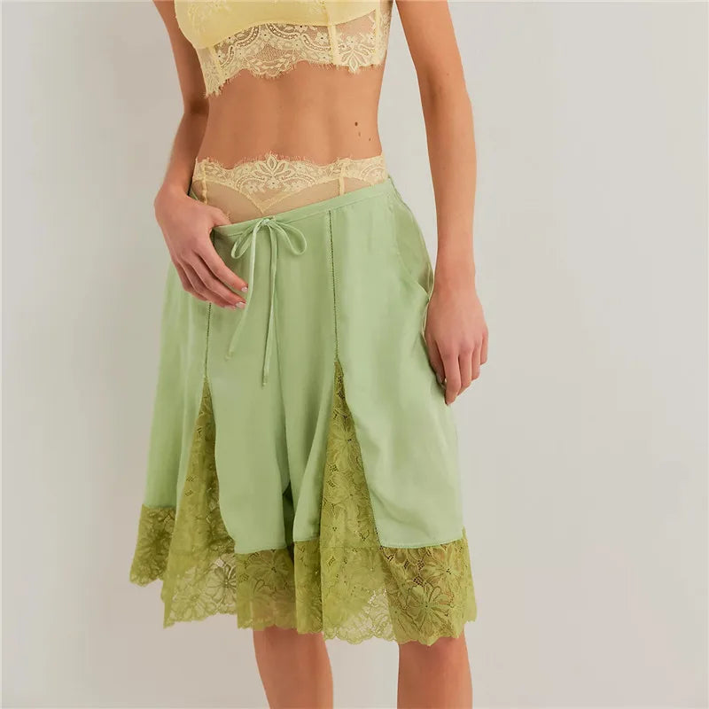 Women Lace Trim Shorts  Satin Low Rise Half Slip Pajamas Cute Bow Pants