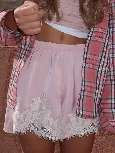 Cute Women Satin Silk Lace Trim Shorts Silky Low Rise Boxer Shorts